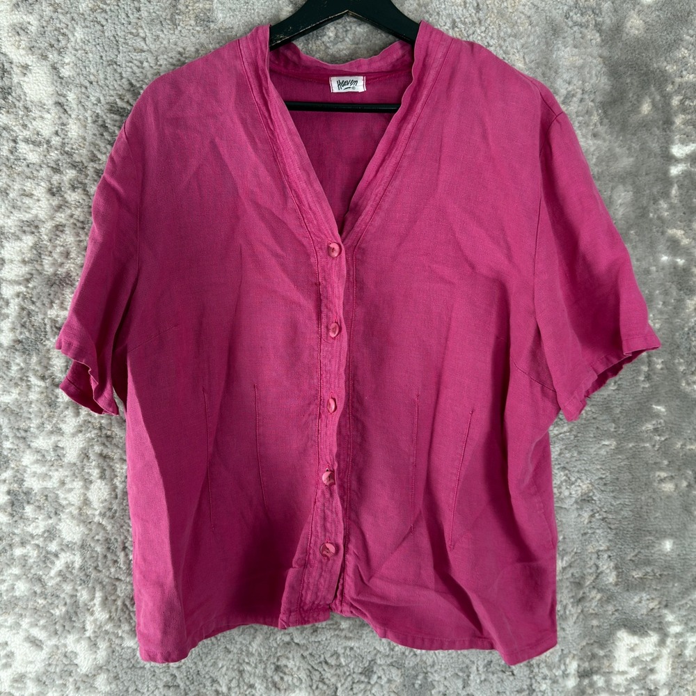 Heaven Size XL 100% Linen Hand Colored Button Up Shirt Pink Short Sleeve Women